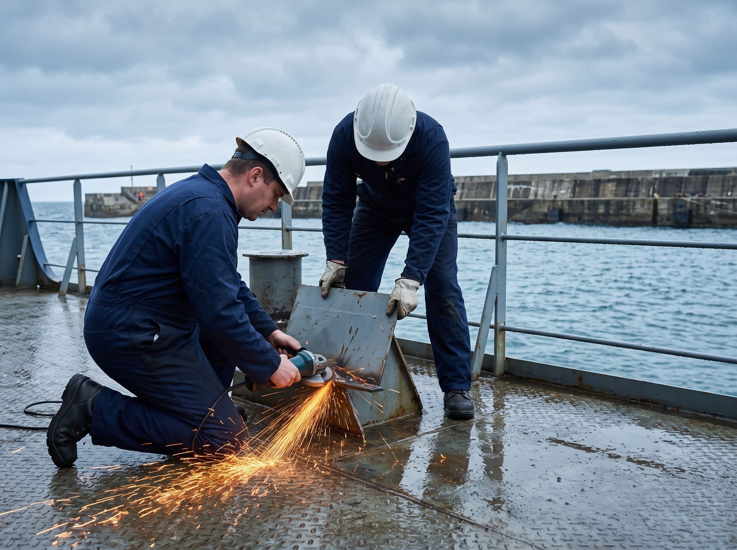 Two engineers in coveralls and hard hats working on a vessel’s steel deck, one grinding a fitting with sparks flying, a quay wall behind them