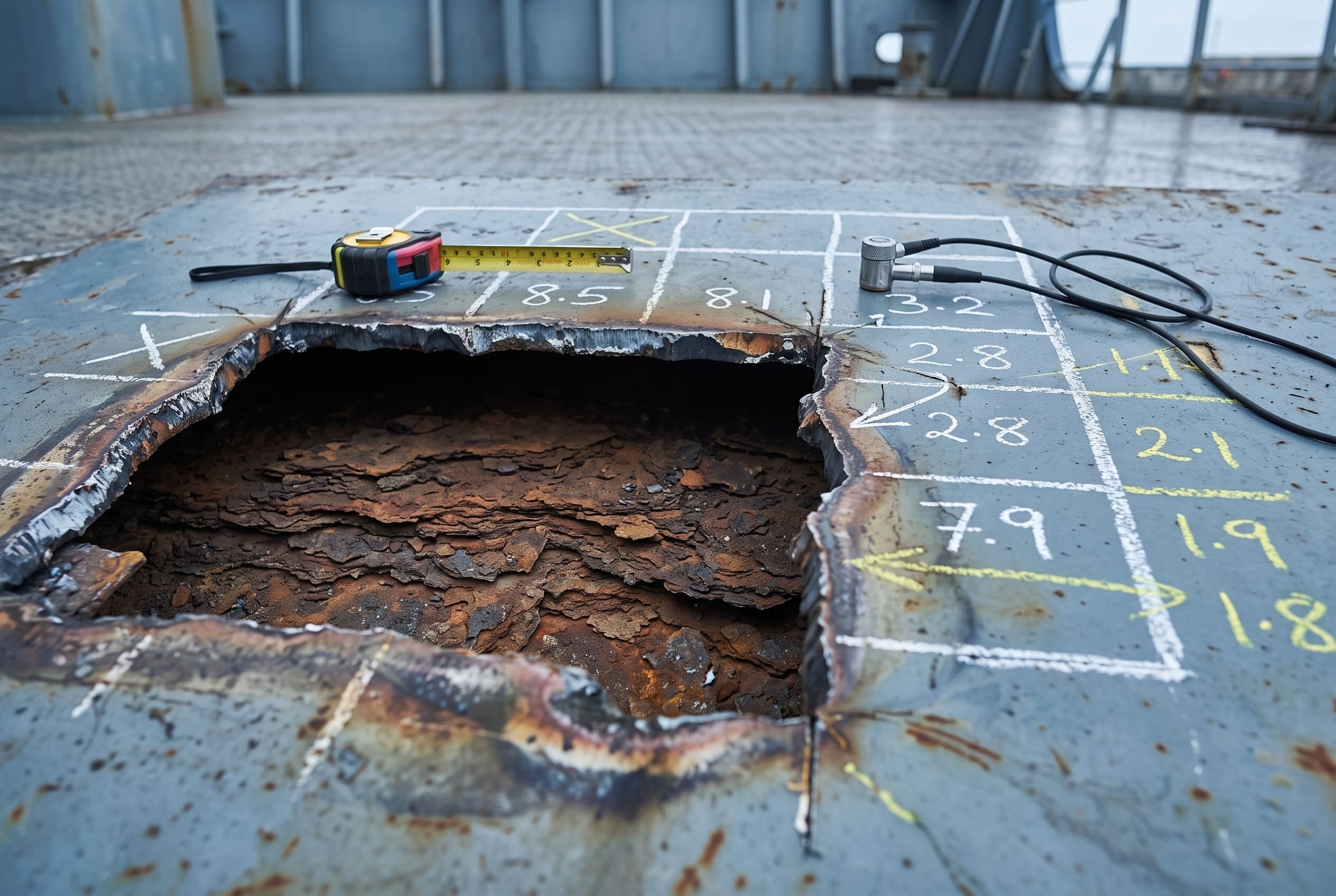A ship’s steel deck plate cut open to reveal heavy corrosion beneath, with a chalked survey grid and ultrasonic thickness readings written on the surrounding plate, a tape measure and gauge probe resting beside the opening