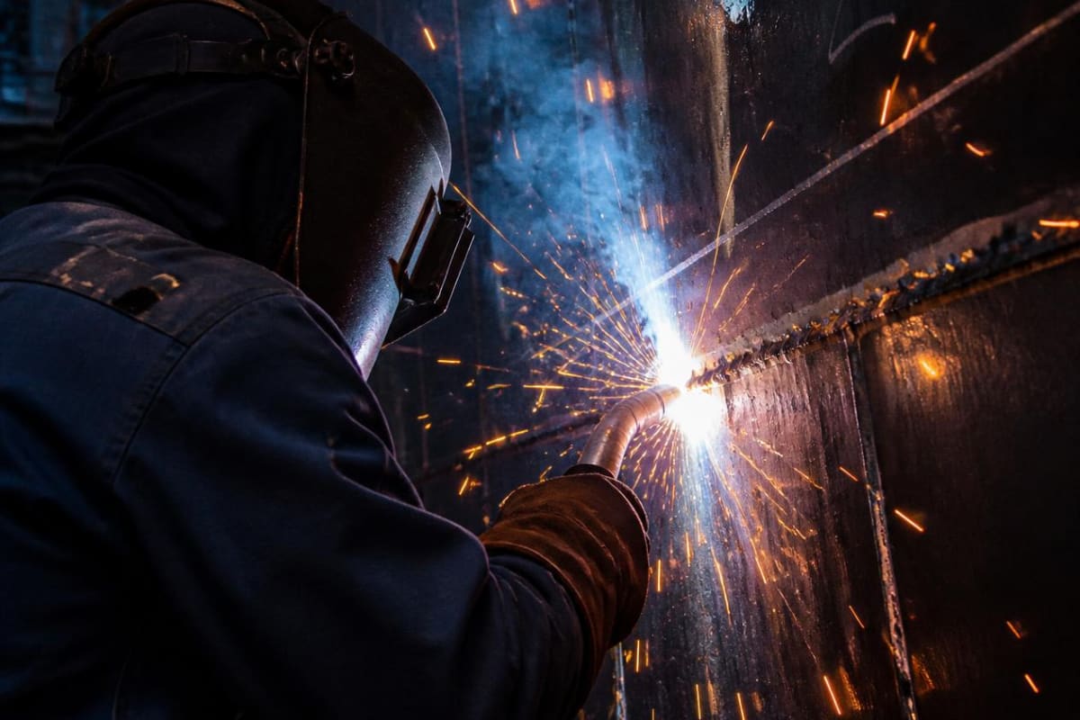 A welder working a seam on a steel hull, the arc the only light source