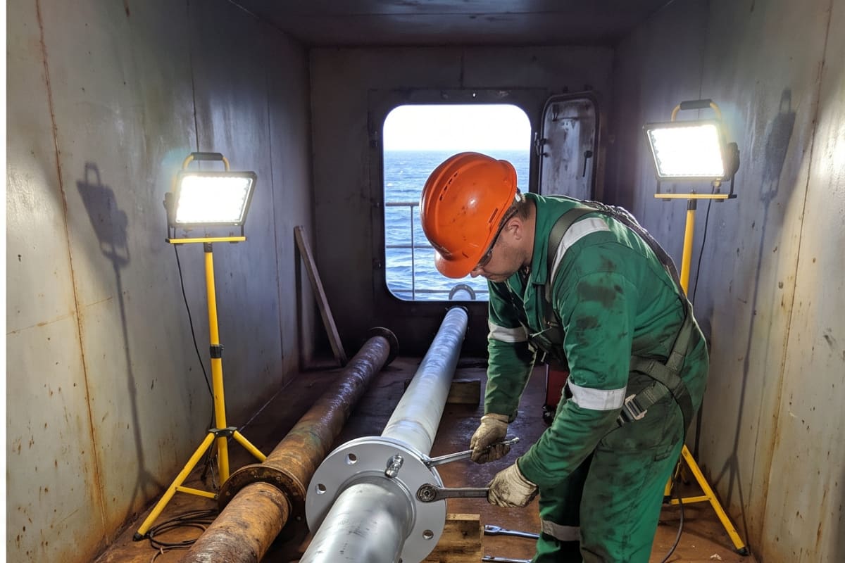 Prefabricated pipe spool being fitted inside a topside tank