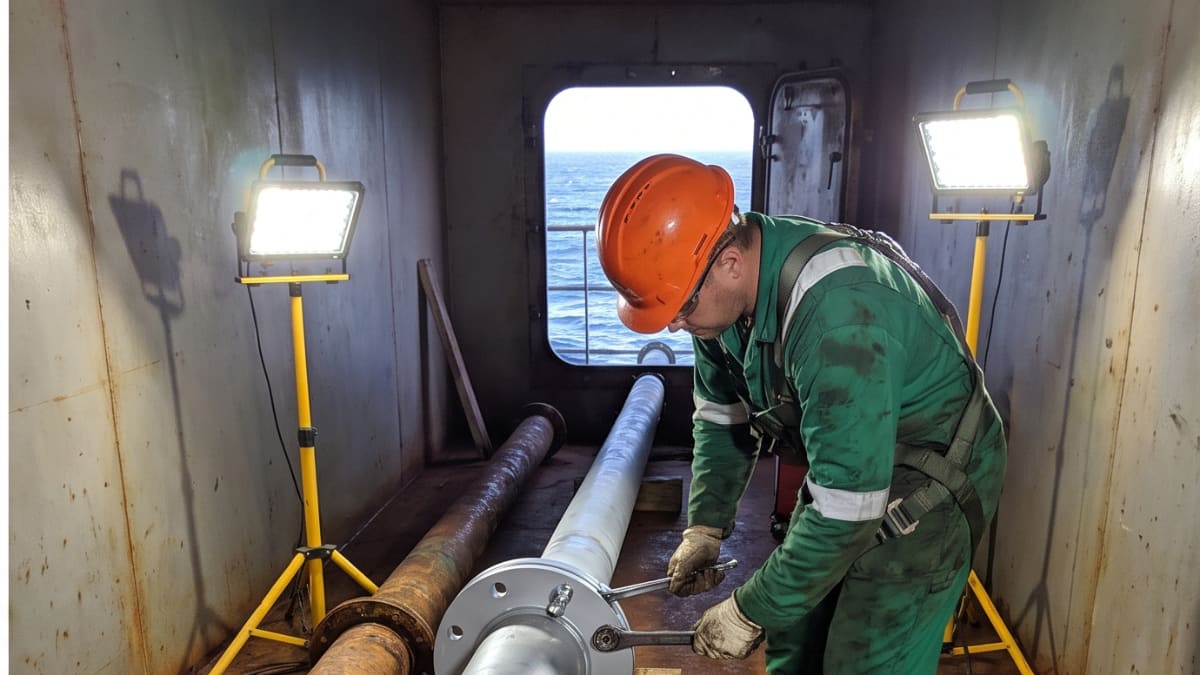 Technicians working on deck aboard a bulk carrier under way