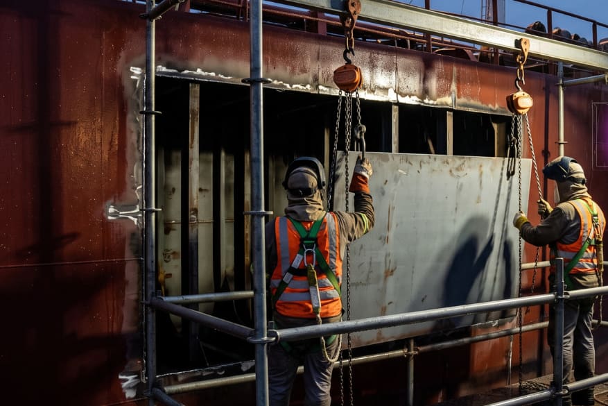 Shell insert plate being fitted from staging rigged over the side