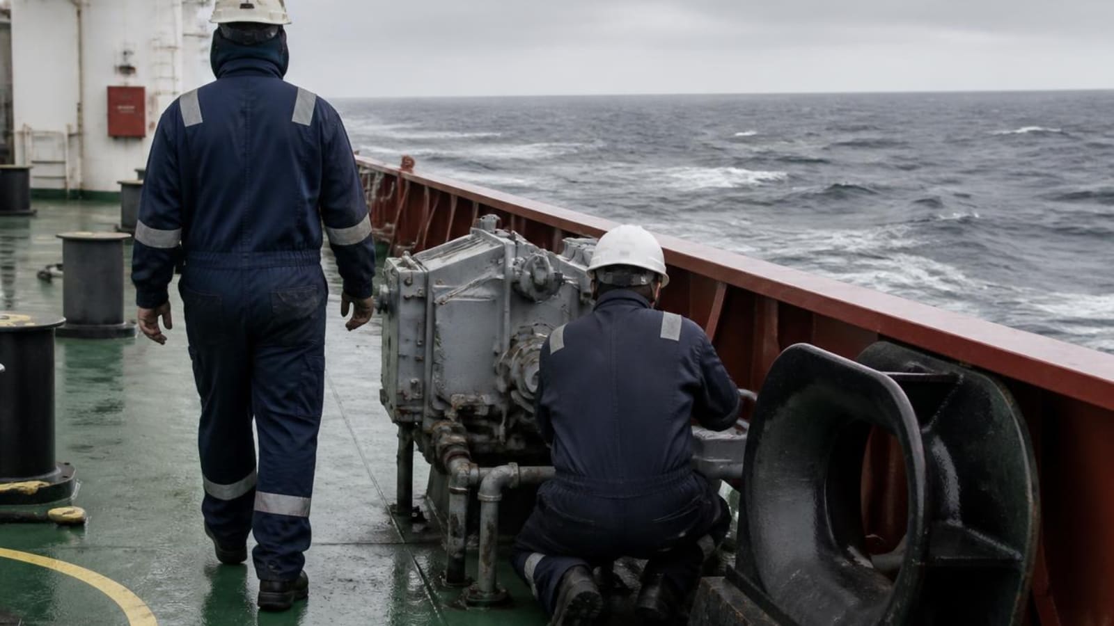 Technicians working on deck aboard a vessel under way