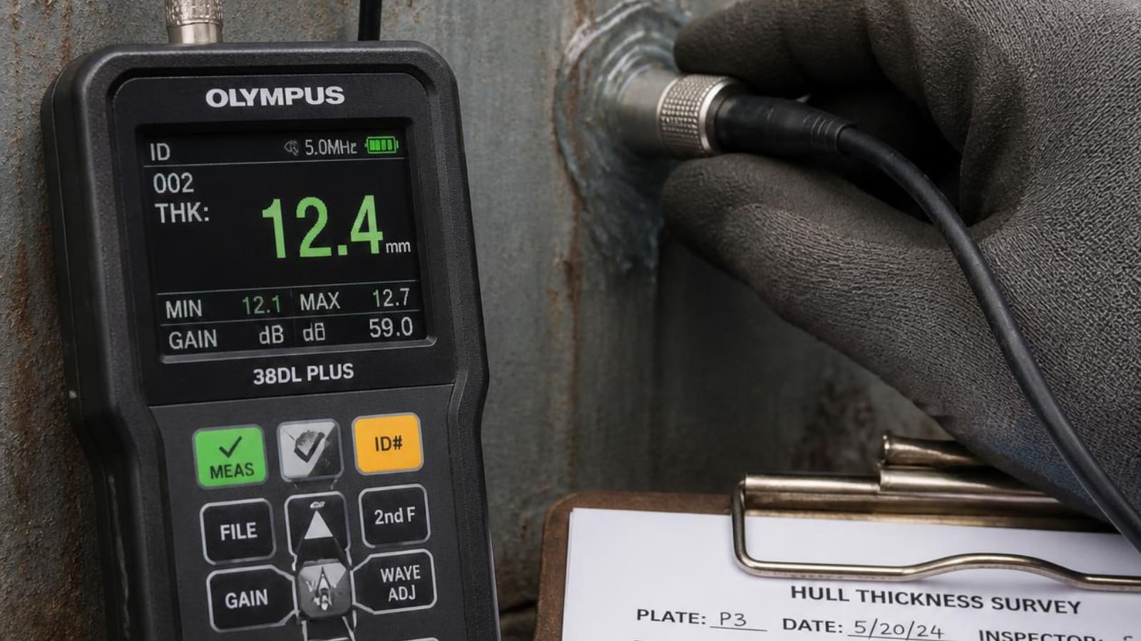 Ultrasonic thickness measurement being recorded on steel structure